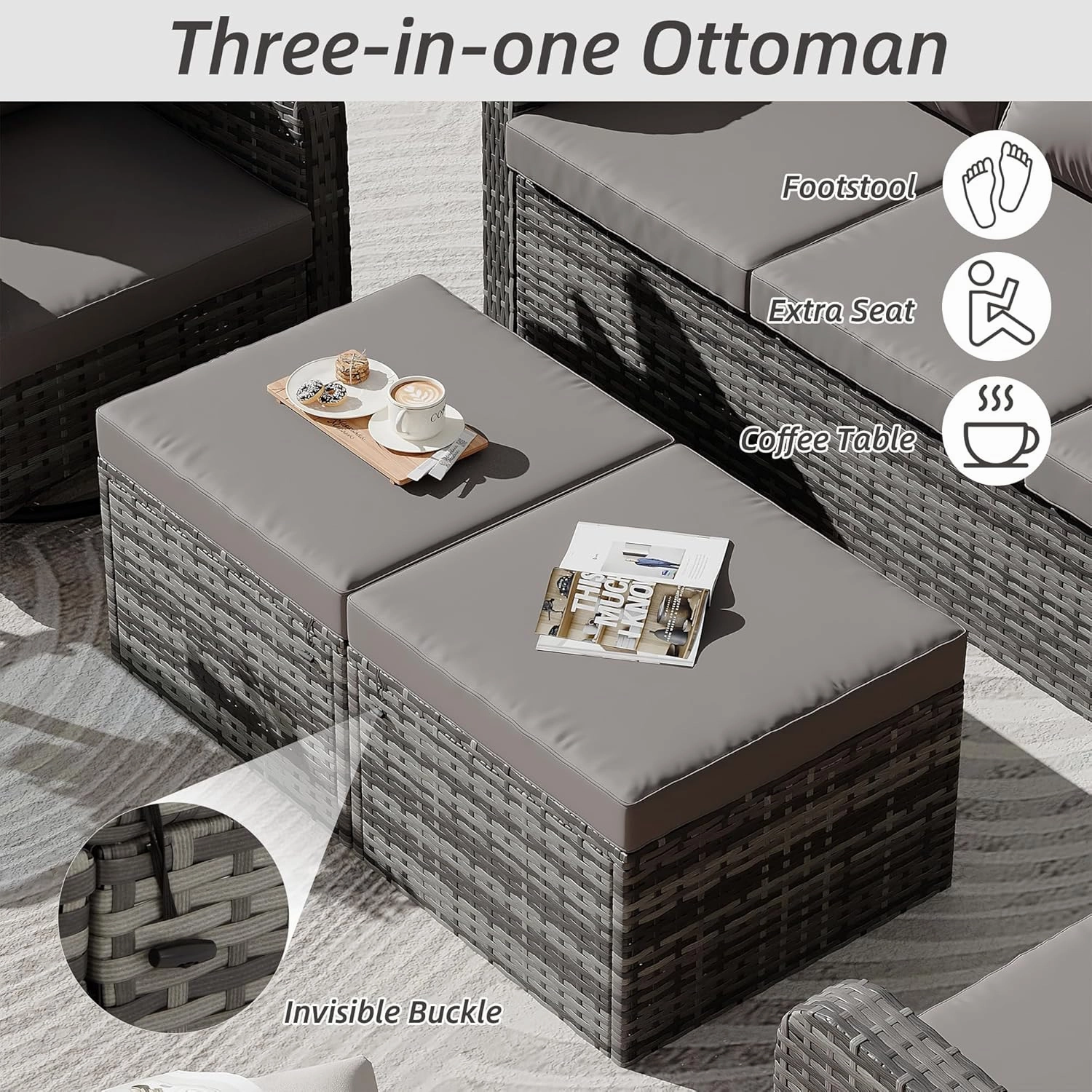 HOMREST 6 Piece Patio Conversation Sets with Sofa Couch, Rattan Wicker Swivel Chairs with 2 Ottoman, Coffee Table & Cushions, Grey