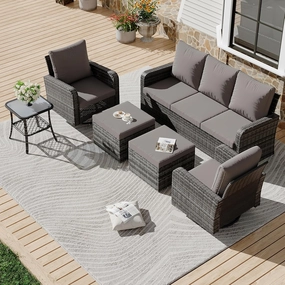 HOMREST 6 Piece Patio Conversation Sets with Sofa Couch, Rattan Wicker Swivel Chairs with 2 Ottoman, Coffee Table & Cushions, Greyoutdoor patio furniture set