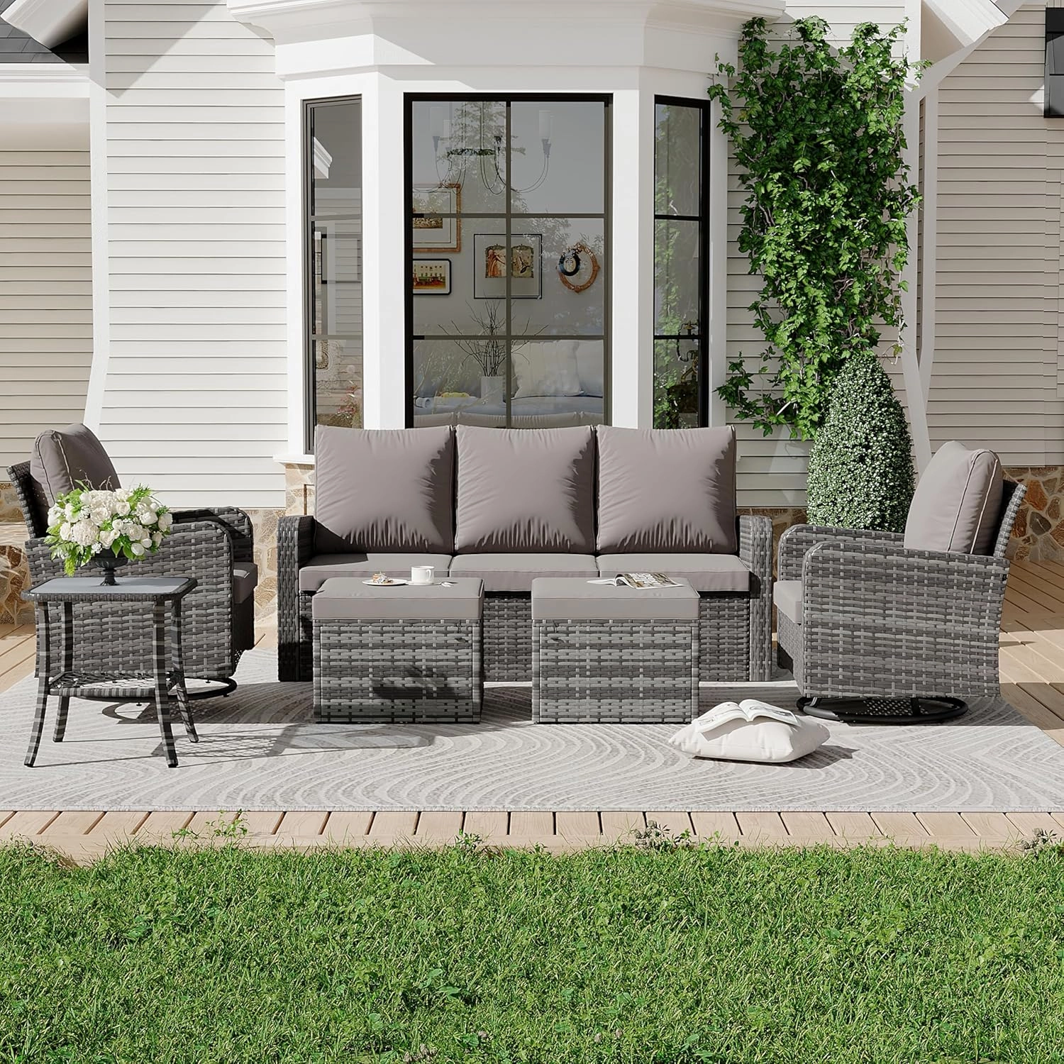 HOMREST 6 Piece Patio Conversation Sets with Sofa Couch, Rattan Wicker Swivel Chairs with 2 Ottoman, Coffee Table & Cushions, Grey