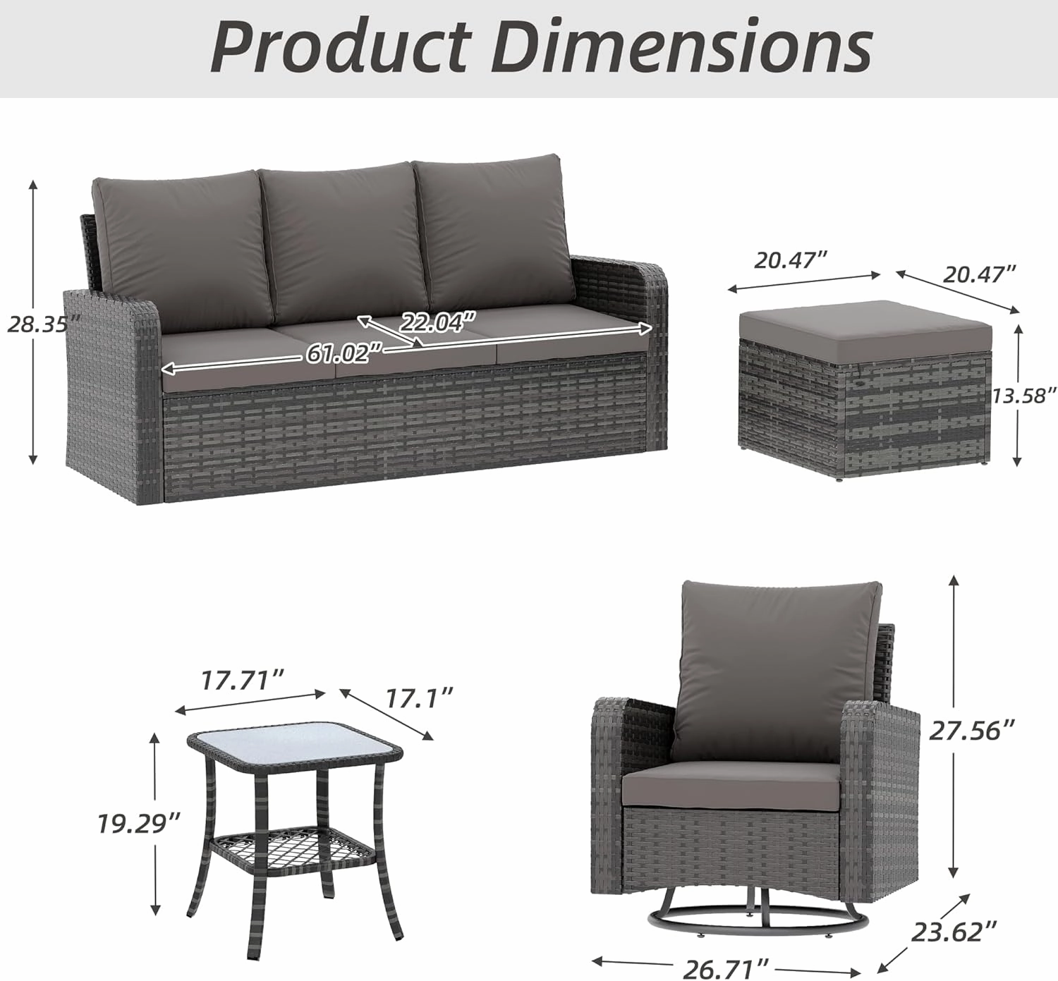 HOMREST 6 Piece Patio Conversation Sets with Sofa Couch, Rattan Wicker Swivel Chairs with 2 Ottoman, Coffee Table & Cushions, Grey