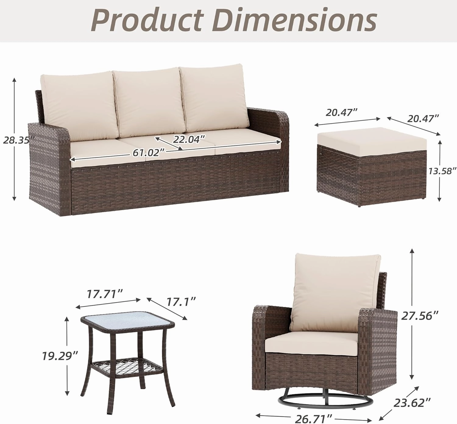 HOMREST 6 Piece Patio Conversation Sets with Sofa Couch, Rattan Wicker Swivel Chairs with 2 Ottoman, Coffee Table & Cushions, Khaki