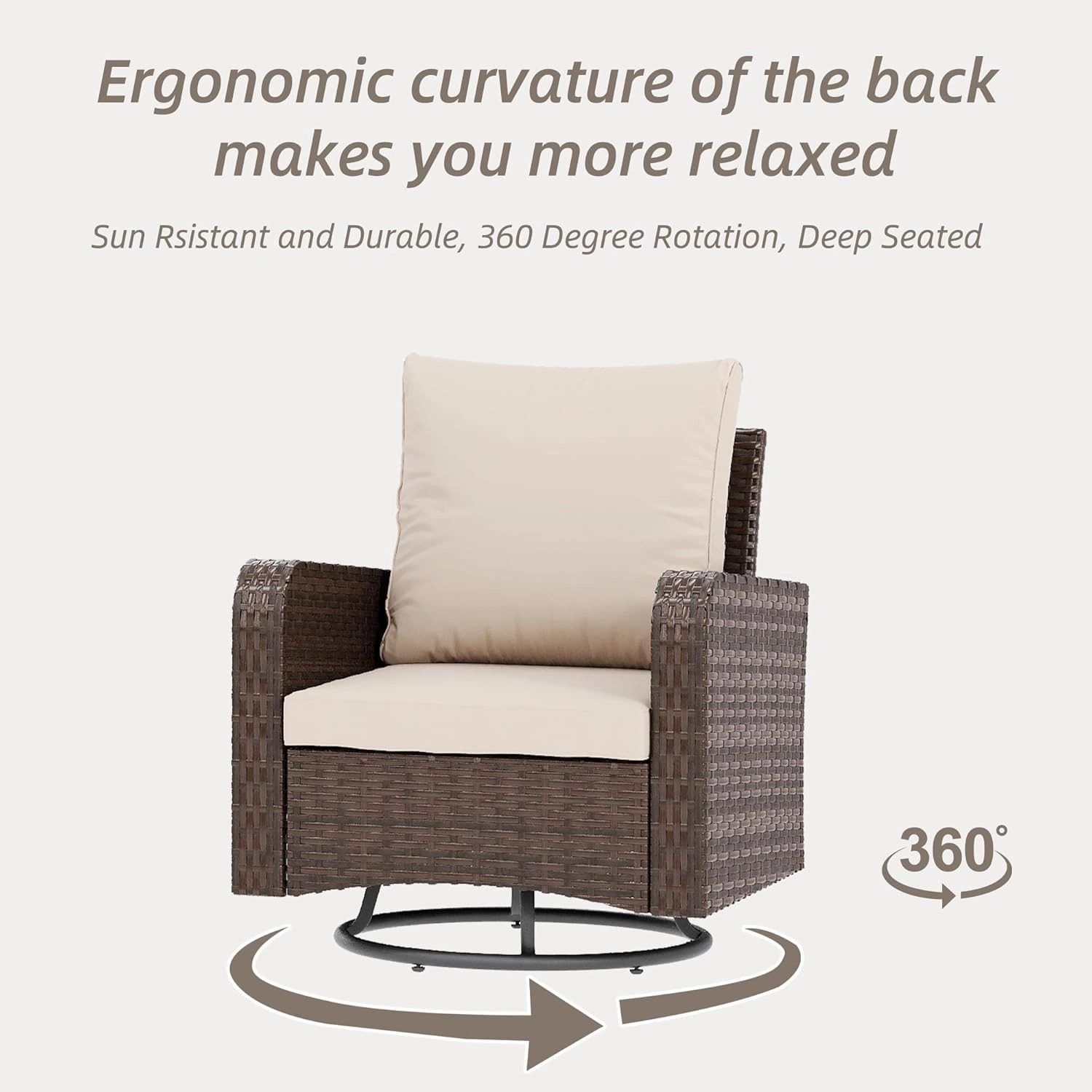 HOMREST 6 Piece Patio Conversation Sets with Sofa Couch, Rattan Wicker Swivel Chairs with 2 Ottoman, Coffee Table & Cushions, Khaki