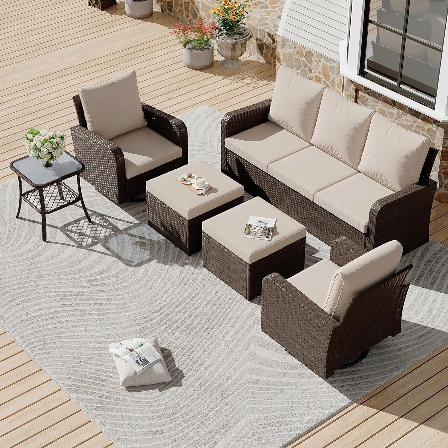 HOMREST 6 Piece Patio Conversation Sets with Sofa Couch, Rattan Wicker Swivel Chairs with 2 Ottoman, Coffee Table & Cushions, Khaki