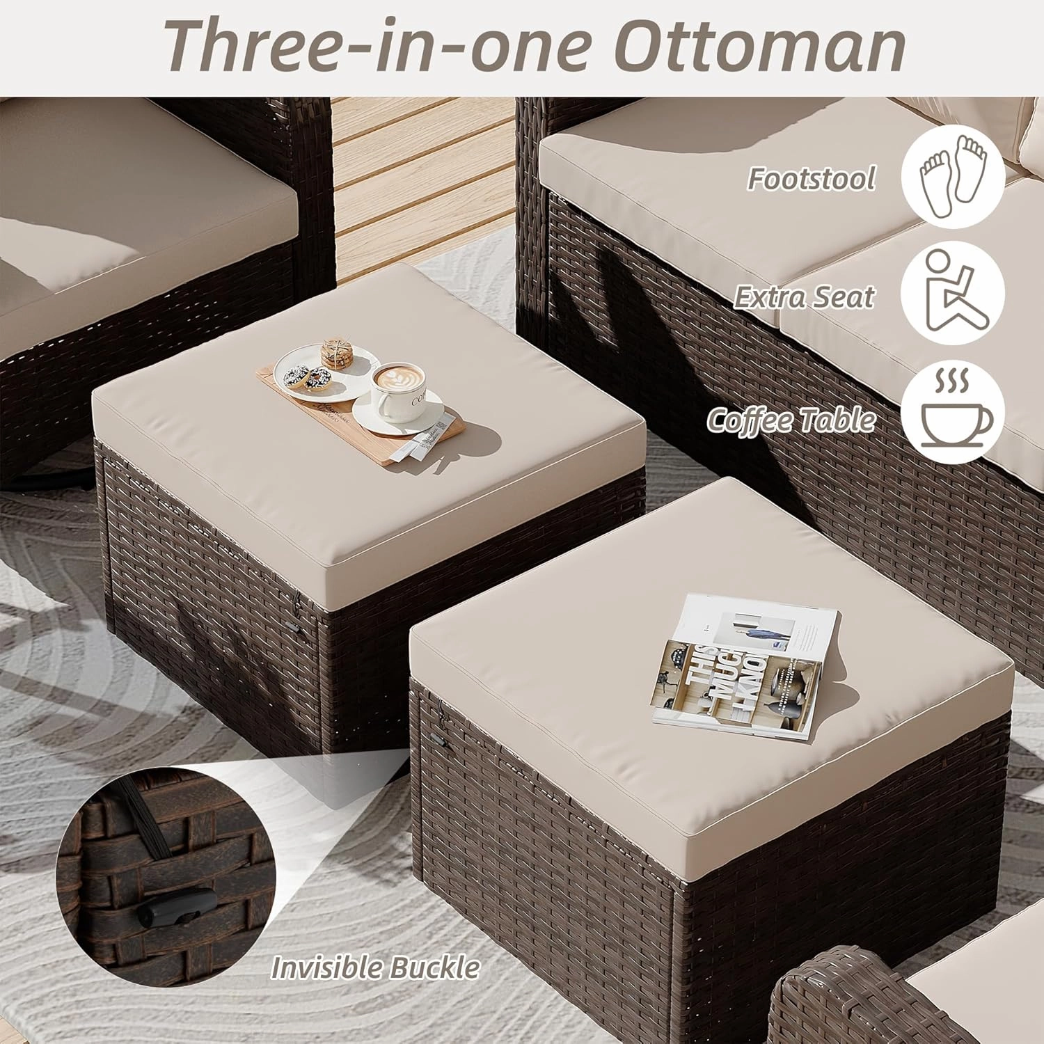 HOMREST 6 Piece Patio Conversation Sets with Sofa Couch, Rattan Wicker Swivel Chairs with 2 Ottoman, Coffee Table & Cushions, Khaki