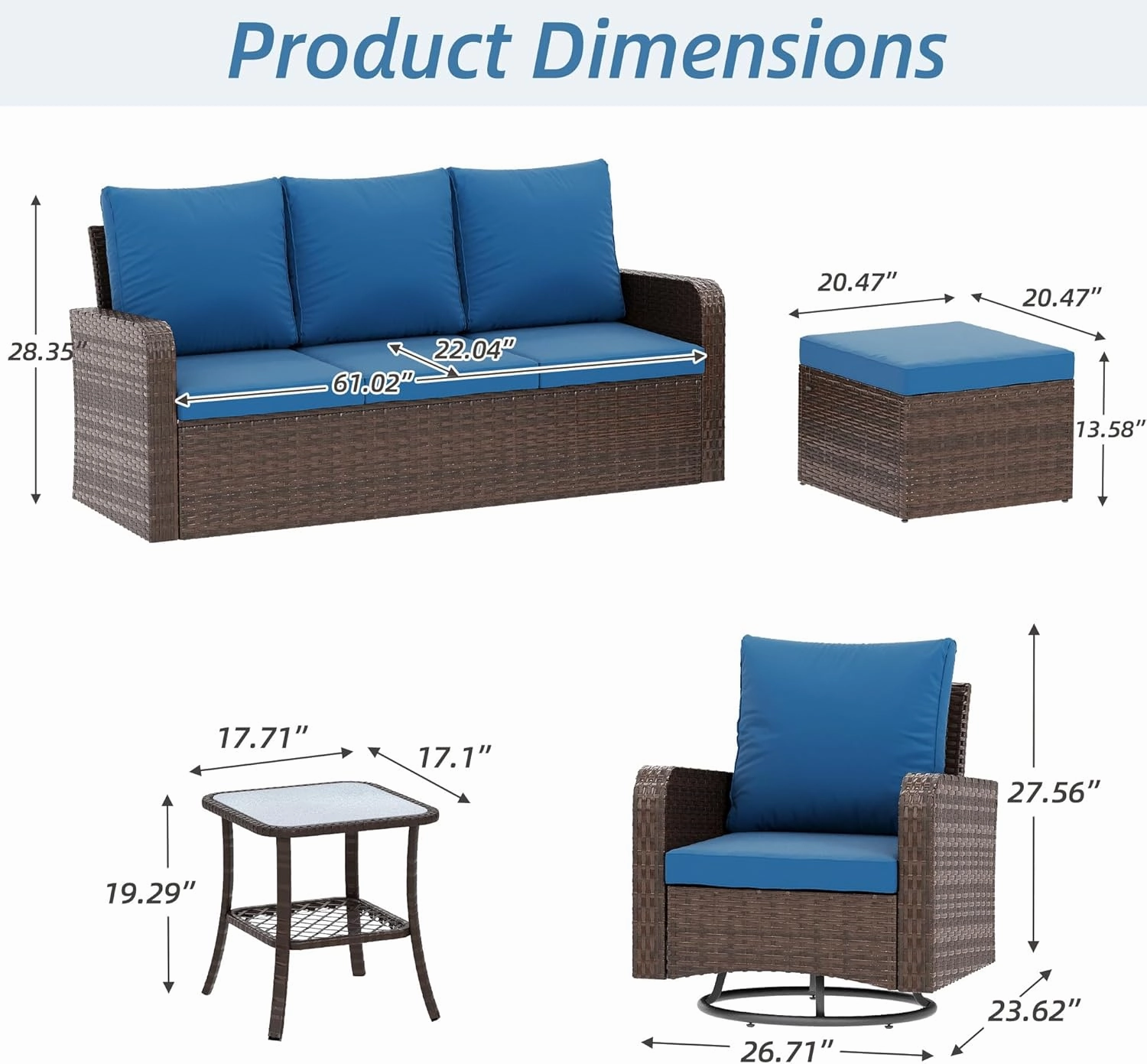 HOMREST 6 Piece Patio Conversation Sets with Sofa Couch, Rattan Wicker Swivel Chairs with 2 Ottoman, Coffee Table & Cushions, Navy