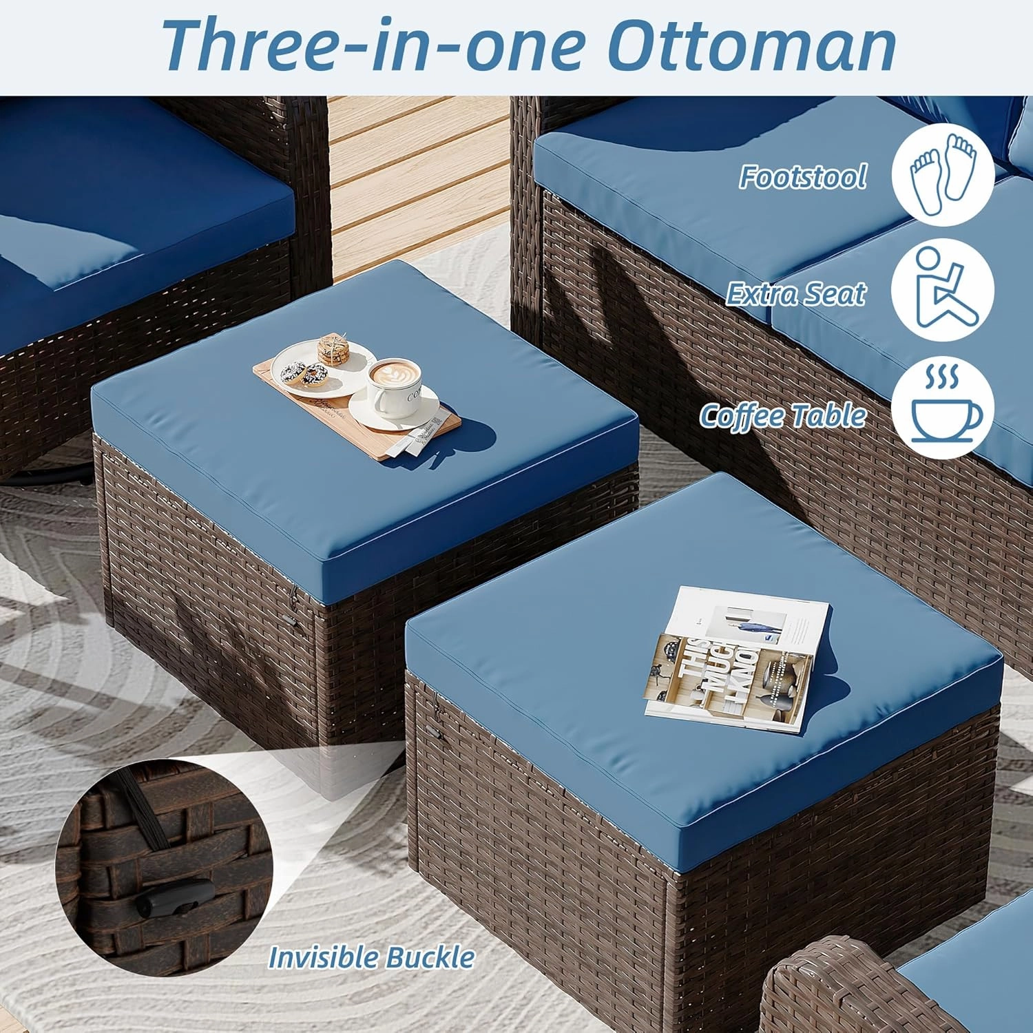 HOMREST 6 Piece Patio Conversation Sets with Sofa Couch, Rattan Wicker Swivel Chairs with 2 Ottoman, Coffee Table & Cushions, Navy