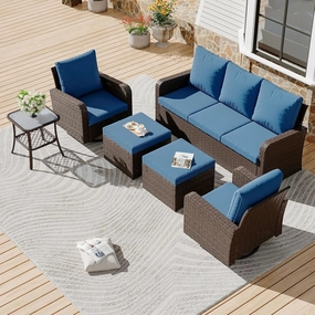 HOMREST 6 Piece Patio Conversation Sets with Sofa Couch, Rattan Wicker Swivel Chairs with 2 Ottoman, Coffee Table & Cushions, Navyoutdoor patio furniture set