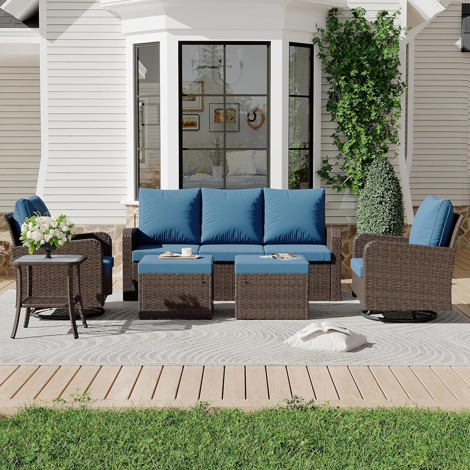 HOMREST 6 Piece Patio Conversation Sets with Sofa Couch, Rattan Wicker Swivel Chairs with 2 Ottoman, Coffee Table & Cushions, Navy