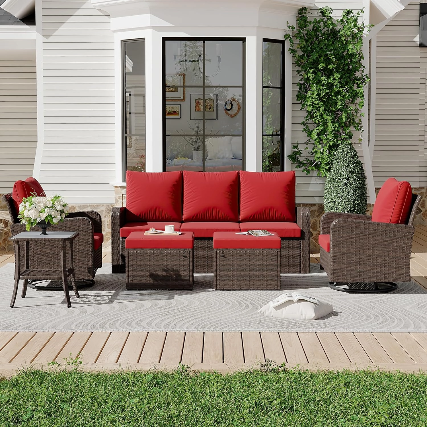 HOMREST 6 Piece Patio Conversation Sets with Sofa Couch, Rattan Wicker Swivel Chairs with 2 Ottoman, Coffee Table & Cushions, Wine Red