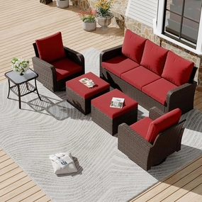 HOMREST 6 Piece Patio Conversation Sets with Sofa Couch, Rattan Wicker Swivel Chairs with 2 Ottoman, Coffee Table & Cushions, Wine Redoutdoor patio furniture set