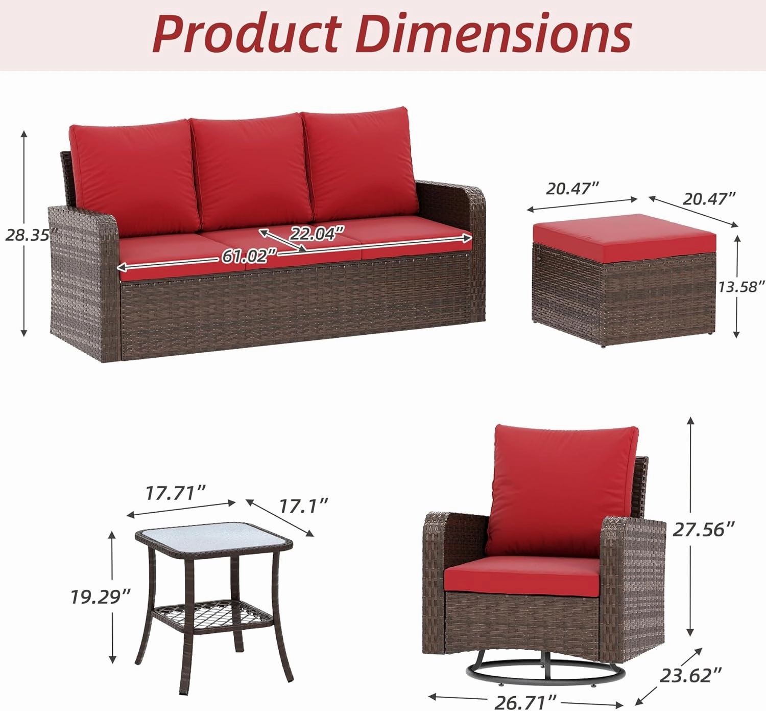 HOMREST 6 Piece Patio Conversation Sets with Sofa Couch, Rattan Wicker Swivel Chairs with 2 Ottoman, Coffee Table & Cushions, Wine Red