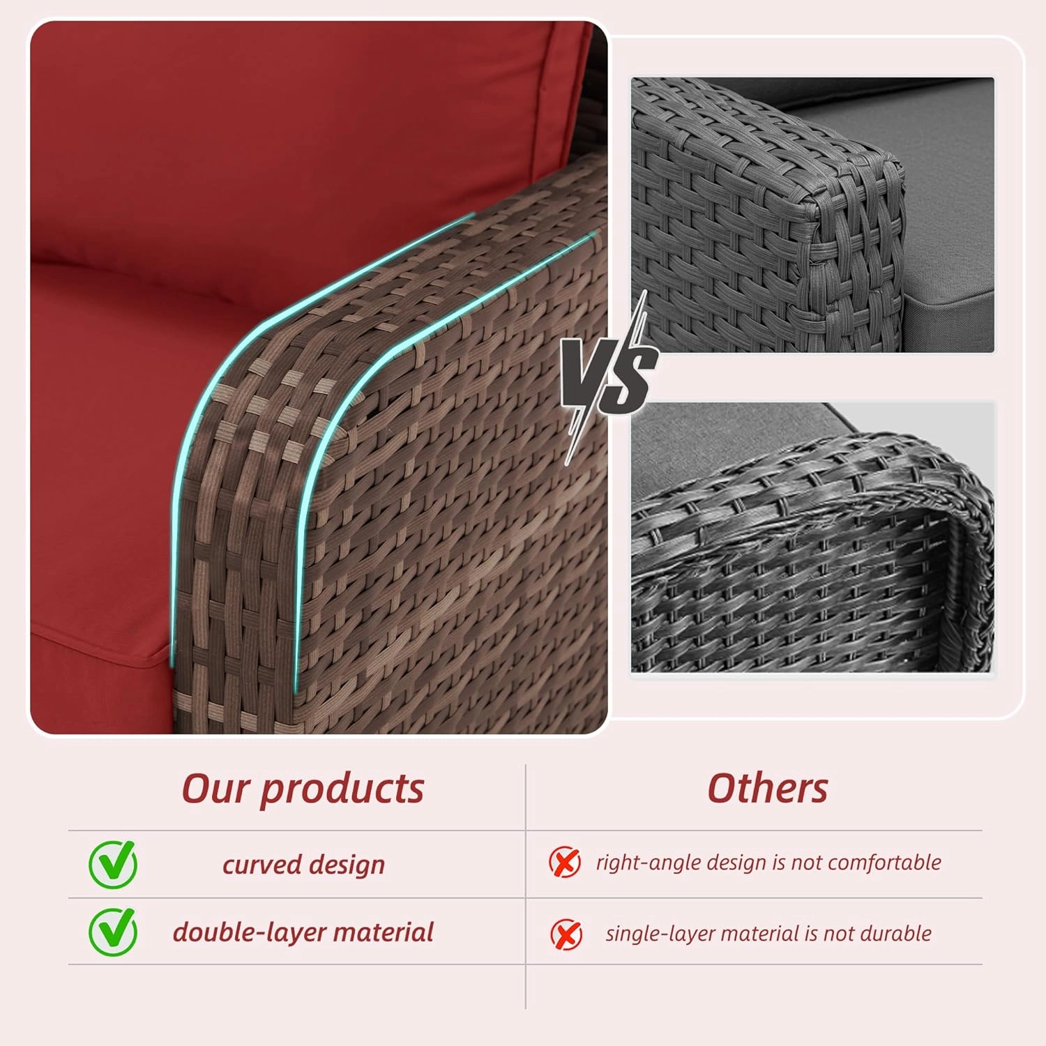 HOMREST 6 Piece Patio Conversation Sets with Sofa Couch, Rattan Wicker Swivel Chairs with 2 Ottoman, Coffee Table & Cushions, Wine Red