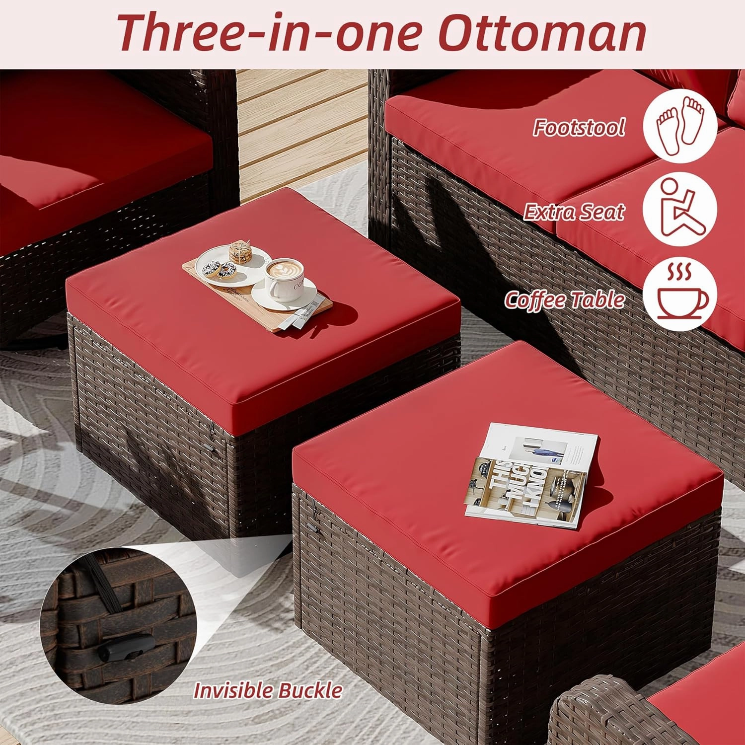 HOMREST 6 Piece Patio Conversation Sets with Sofa Couch, Rattan Wicker Swivel Chairs with 2 Ottoman, Coffee Table & Cushions, Wine Red