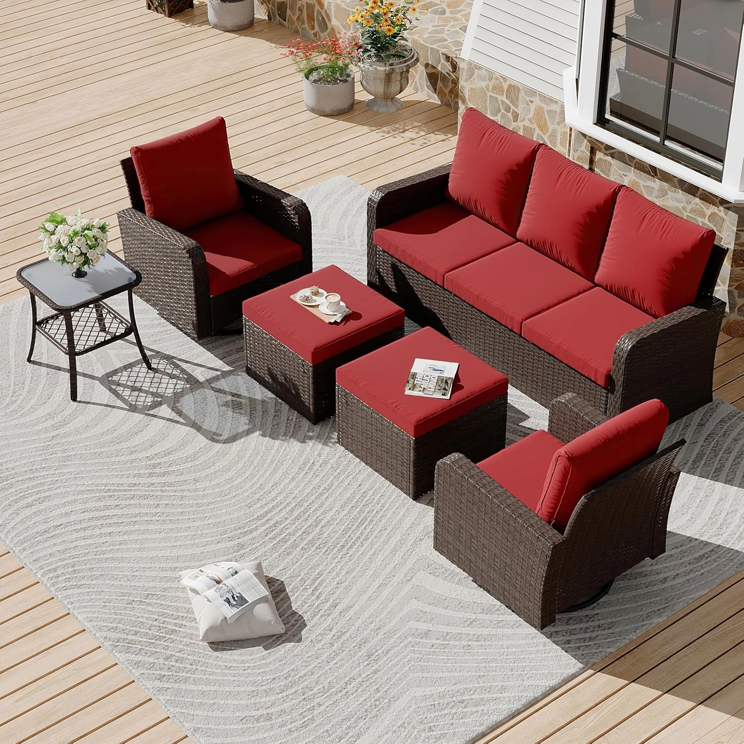 HOMREST 6 Piece Patio Conversation Sets with Sofa Couch, Rattan Wicker Swivel Chairs with 2 Ottoman, Coffee Table & Cushions, Wine Redoutdoor patio furniture set