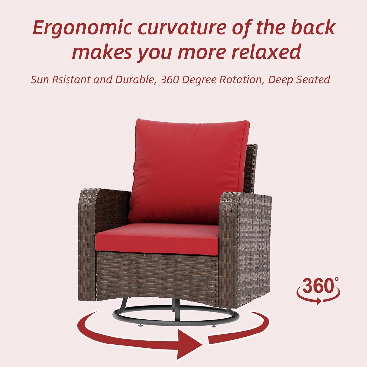 HOMREST 6 Piece Patio Conversation Sets with Sofa Couch, Rattan Wicker Swivel Chairs with 2 Ottoman, Coffee Table & Cushions, Wine Red