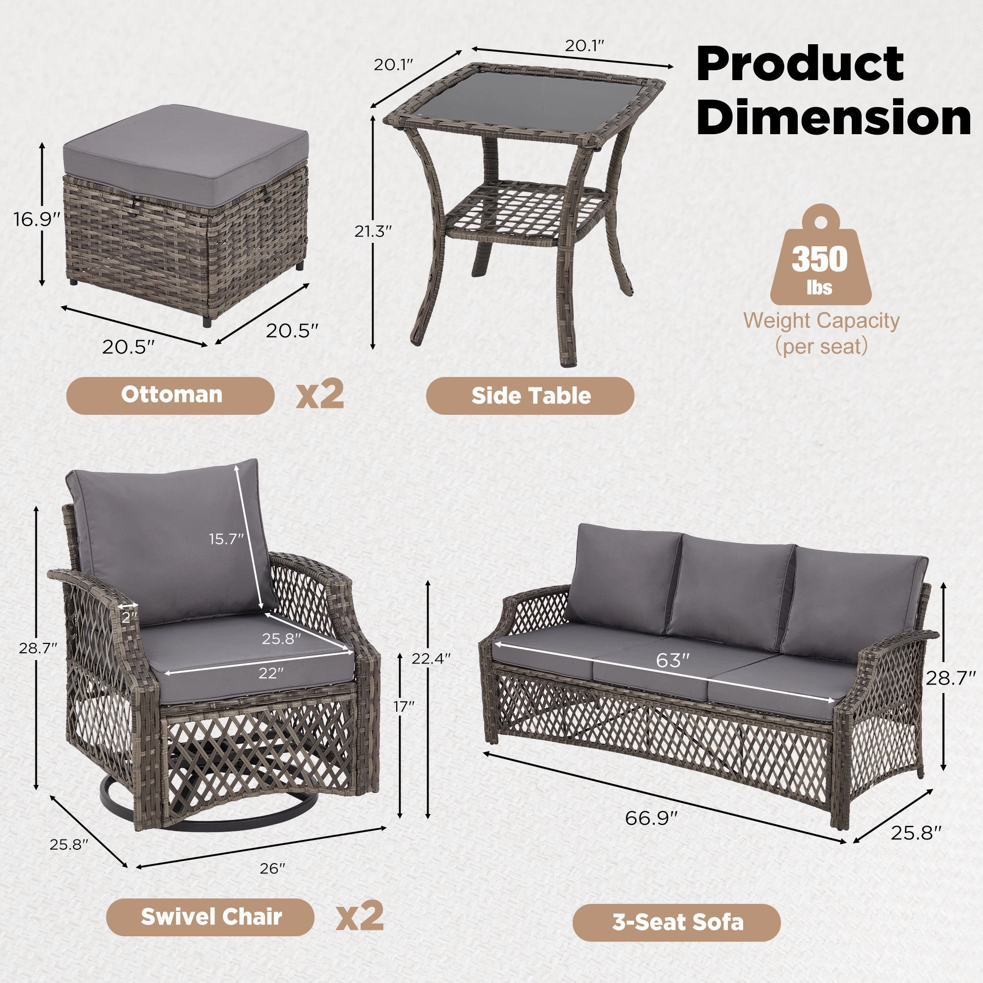 HOMREST 6 Piece Patio Furniture Set, Rattan Outdoor Sectional for Deck Backyard Porch (7 Seats, Gray)