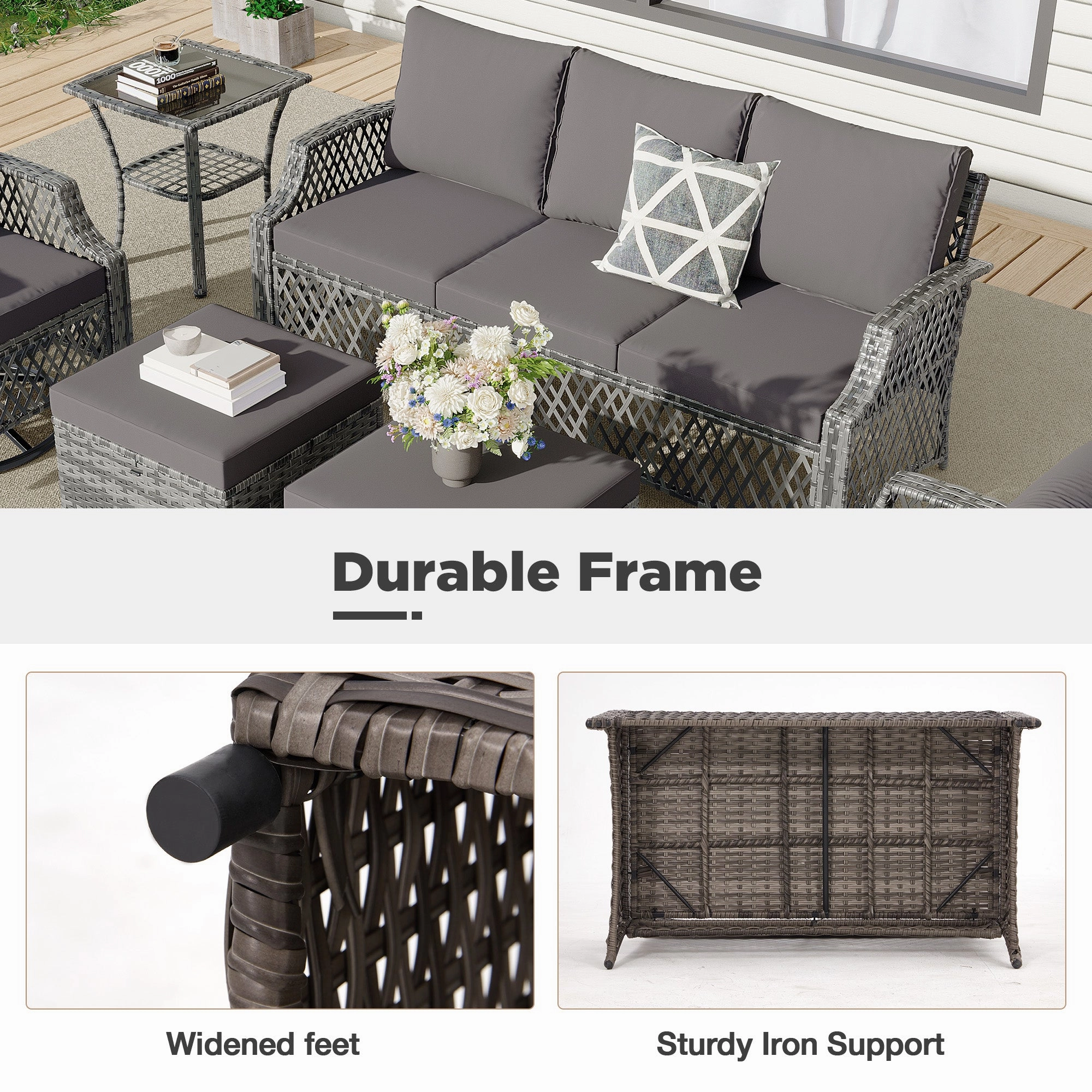 HOMREST 6 Piece Patio Furniture Set, Rattan Outdoor Sectional for Deck Backyard Porch (7 Seats, Gray)