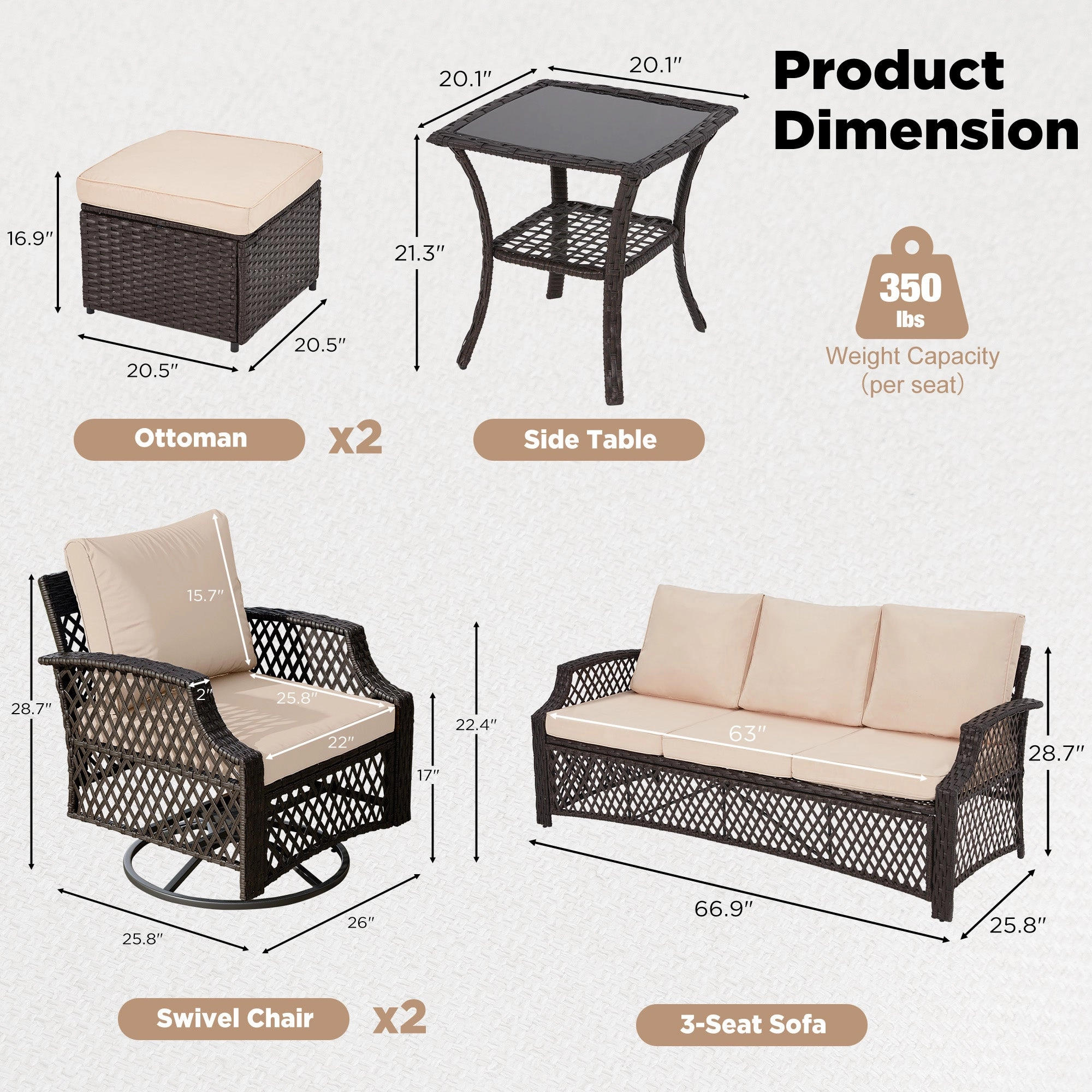 HOMREST 6 Piece Patio Furniture Set, Rattan Outdoor Sectional for Deck Backyard Porch (Khaki)