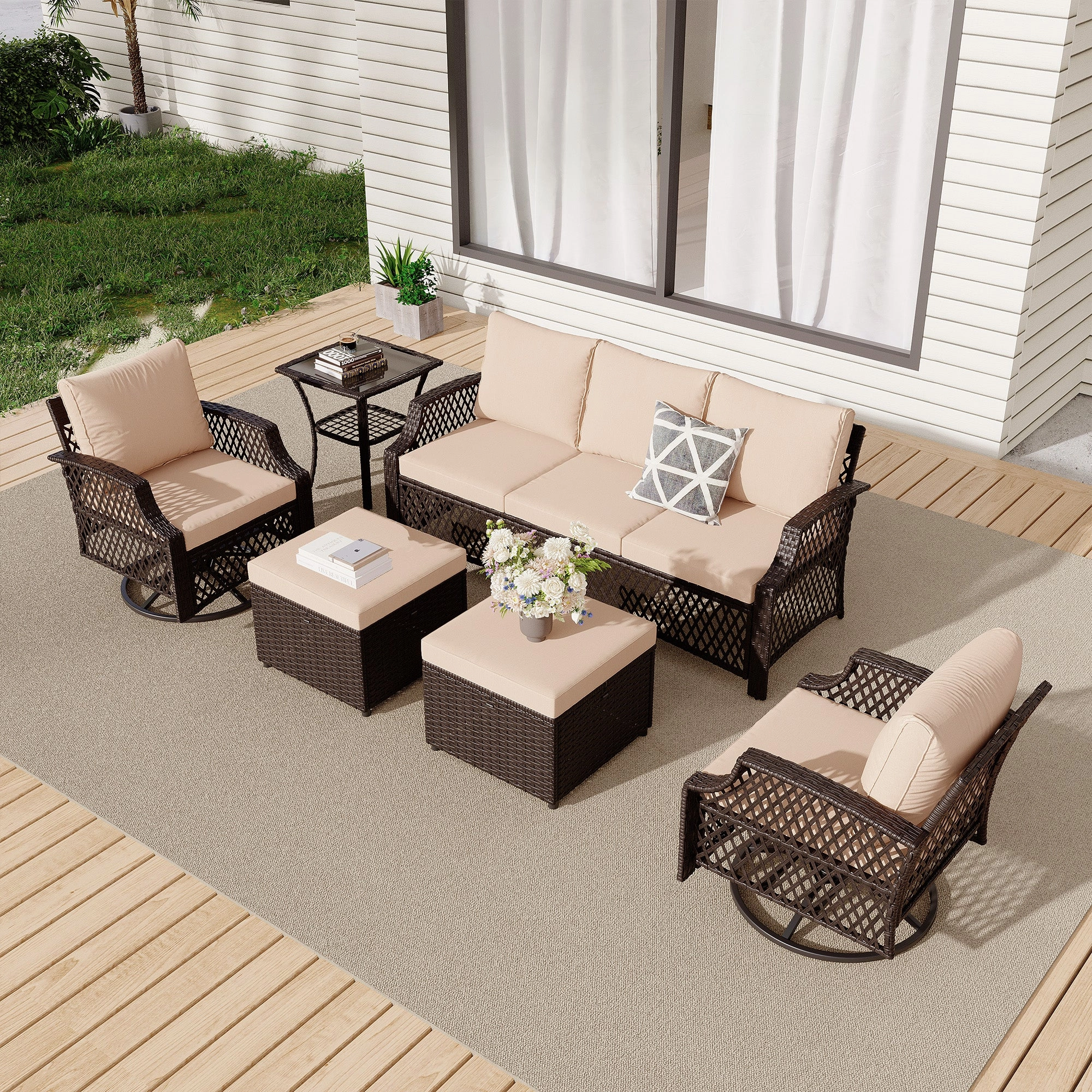 HOMREST 6 Piece Patio Furniture Set, Rattan Outdoor Sectional for Deck Backyard Porch (Khaki)outdoor patio furniture set