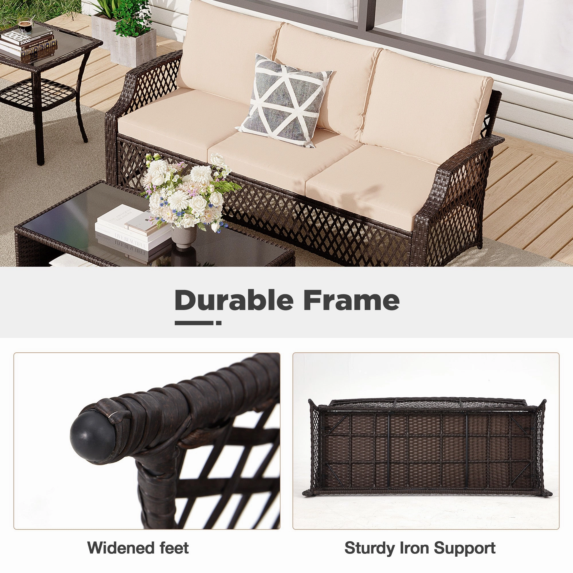 HOMREST 6 Piece Patio Furniture Set, Rattan Outdoor Sectional for Deck Backyard Porch (Khaki)