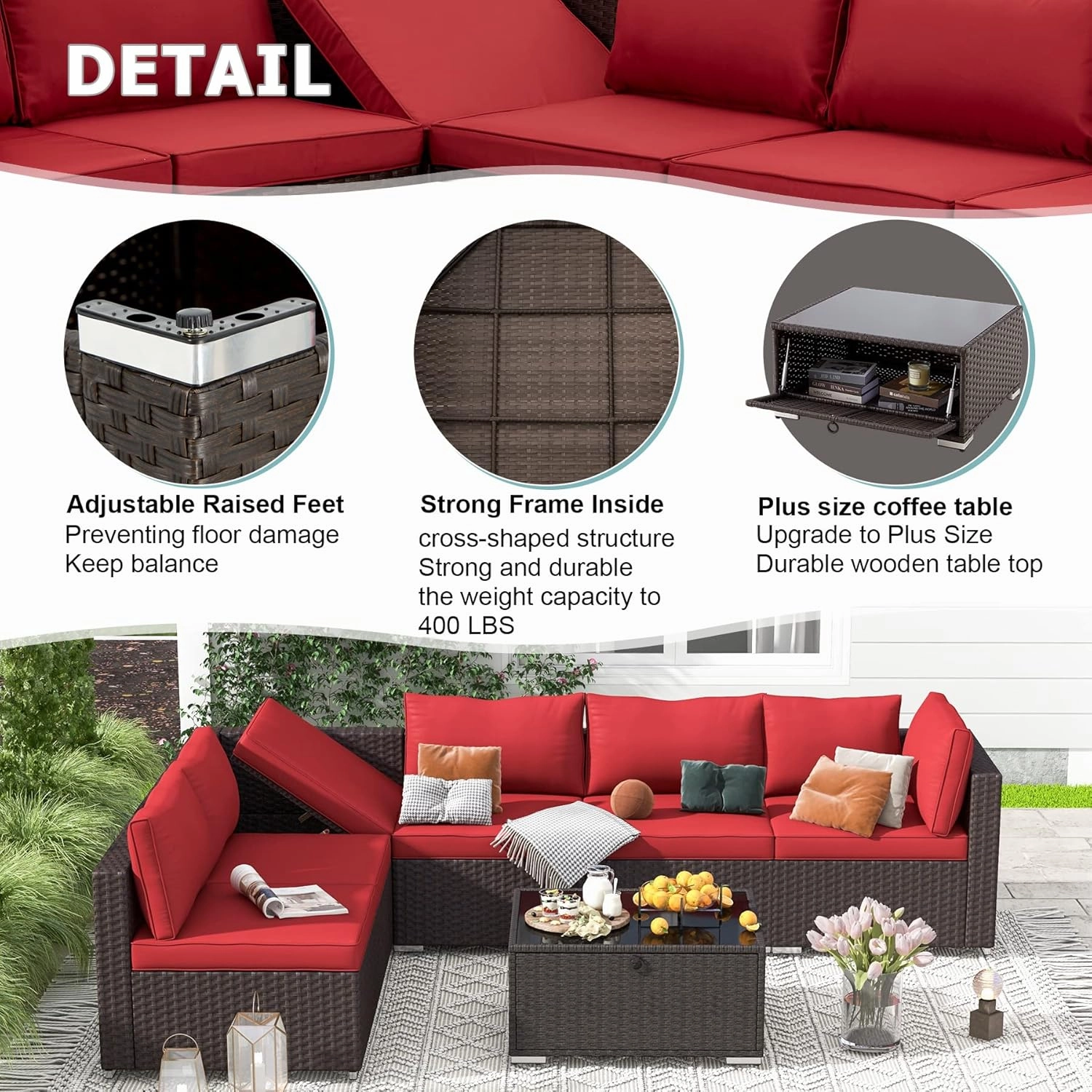 HOMREST 7 Pcs Outdoor Rattan Furniture Set with Coffee Table, Wine Red
