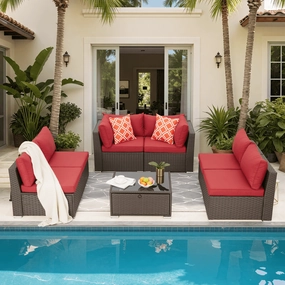HOMREST 7 Pcs Outdoor Rattan Furniture Set with Coffee Table, Wine Redoutdoor patio furniture set