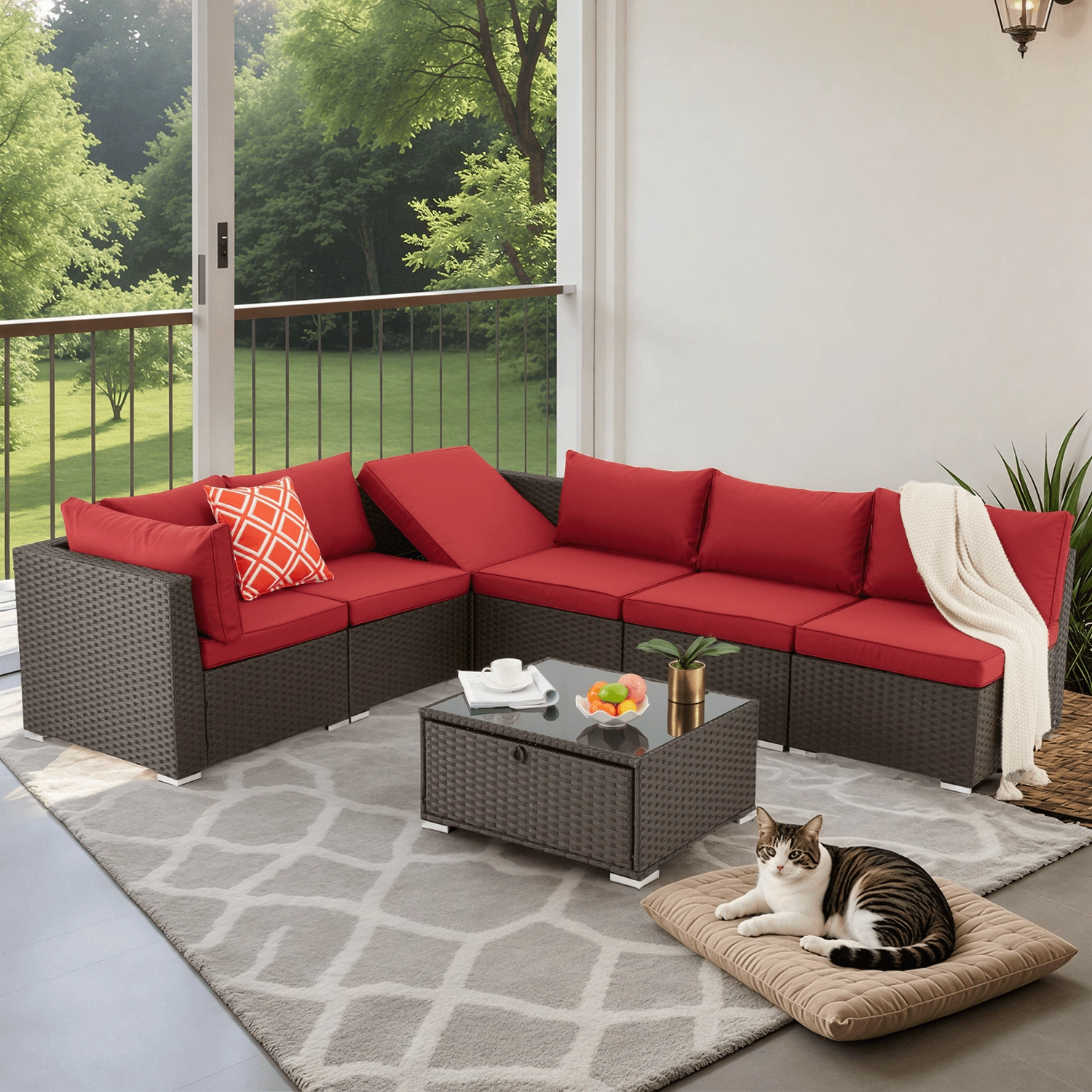 HOMREST 7 Pcs Outdoor Rattan Furniture Set with Coffee Table, Wine Red