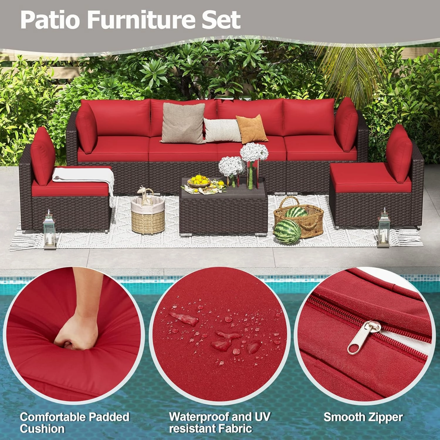 HOMREST 7 Pcs Outdoor Rattan Furniture Set with Coffee Table, Wine Red