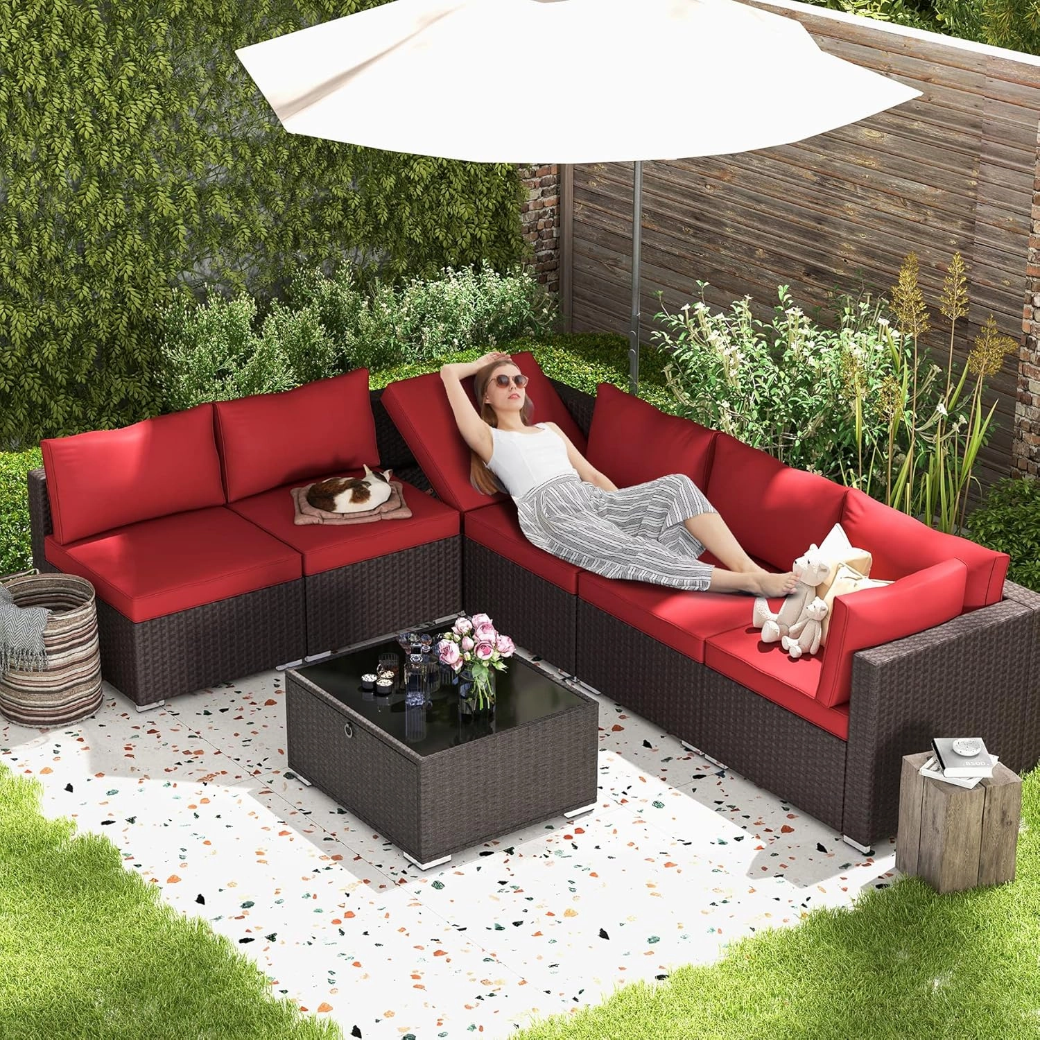 HOMREST 7 Pcs Outdoor Rattan Furniture Set with Coffee Table, Wine Red