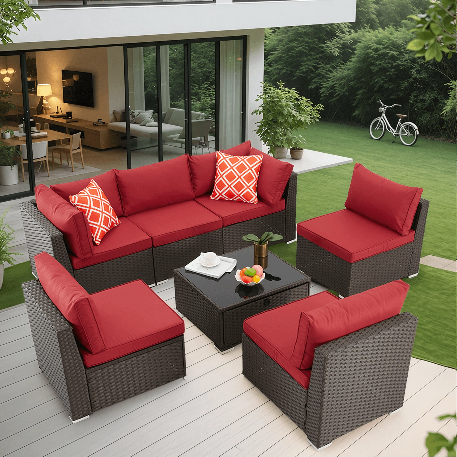 HOMREST 7 Pcs Outdoor Rattan Furniture Set with Coffee Table, Wine Red