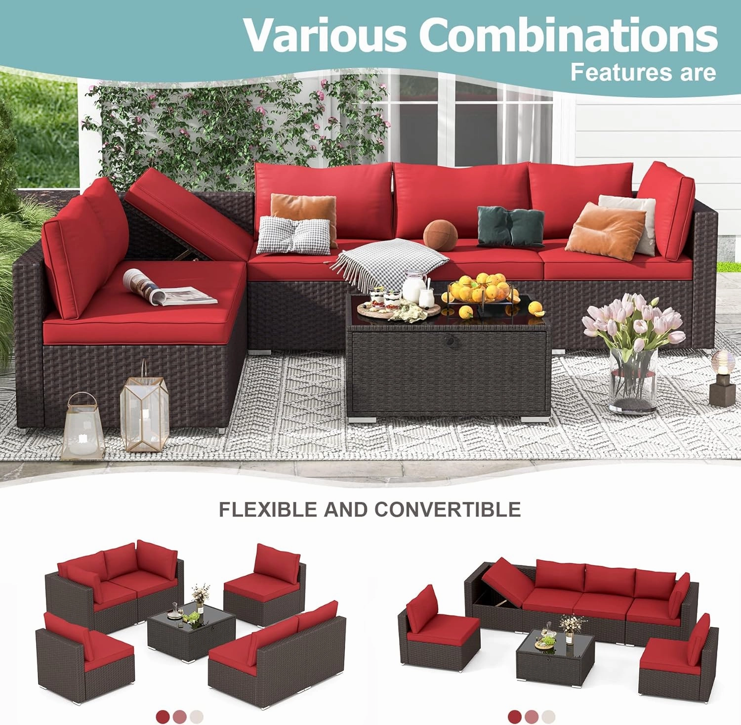 HOMREST 7 Pcs Outdoor Rattan Furniture Set with Coffee Table, Wine Red