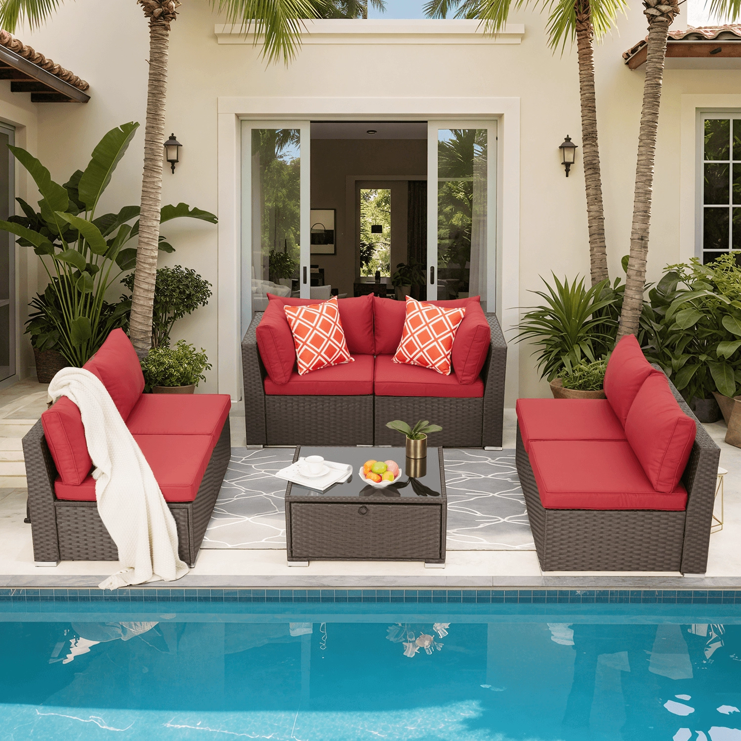 HOMREST 7 Pcs Outdoor Rattan Furniture Set with Coffee Table, Wine Redoutdoor patio furniture set
