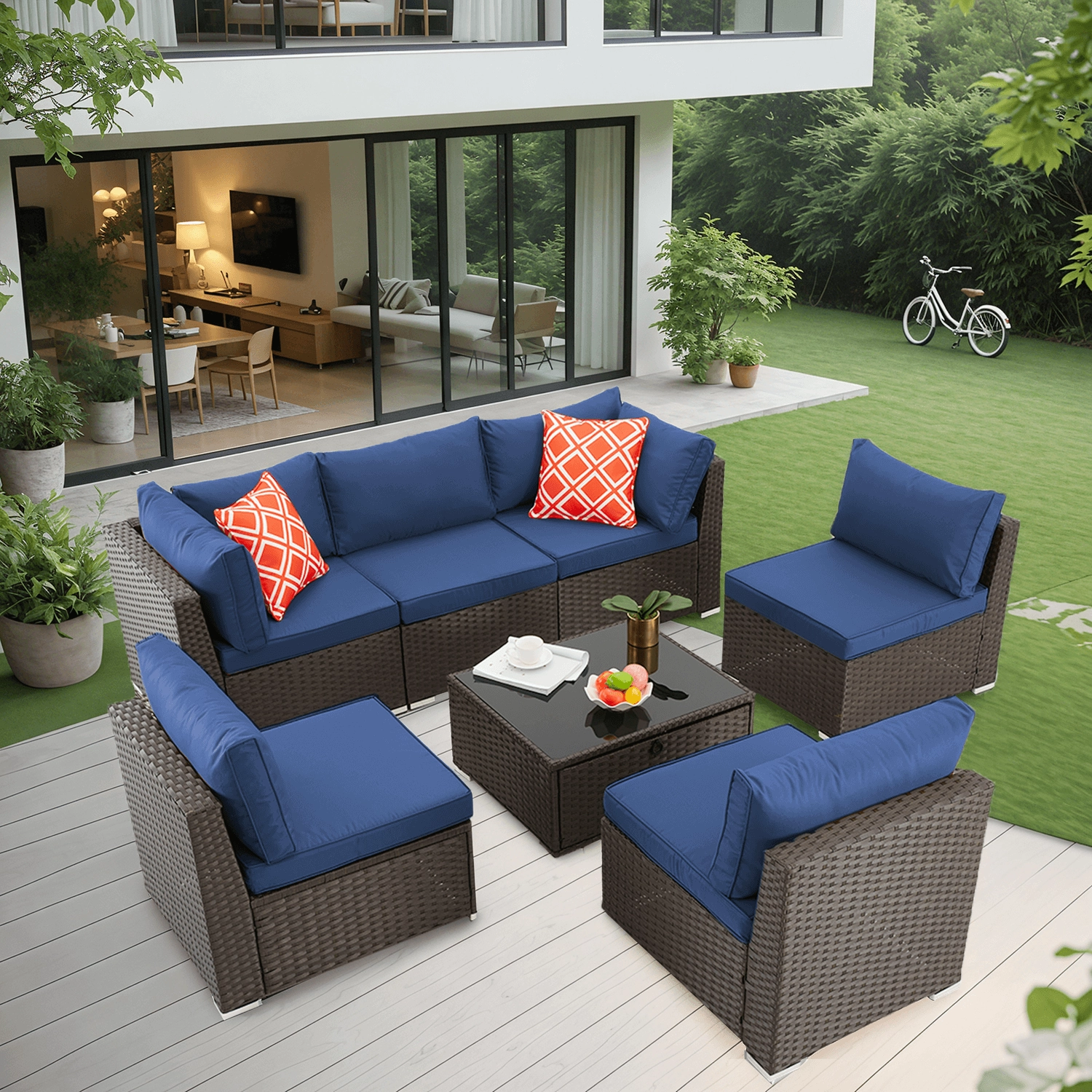 Homrest 7 Piece Outdoor Patio Furniture with Storage Table, Cushions and Pillows, Blue
