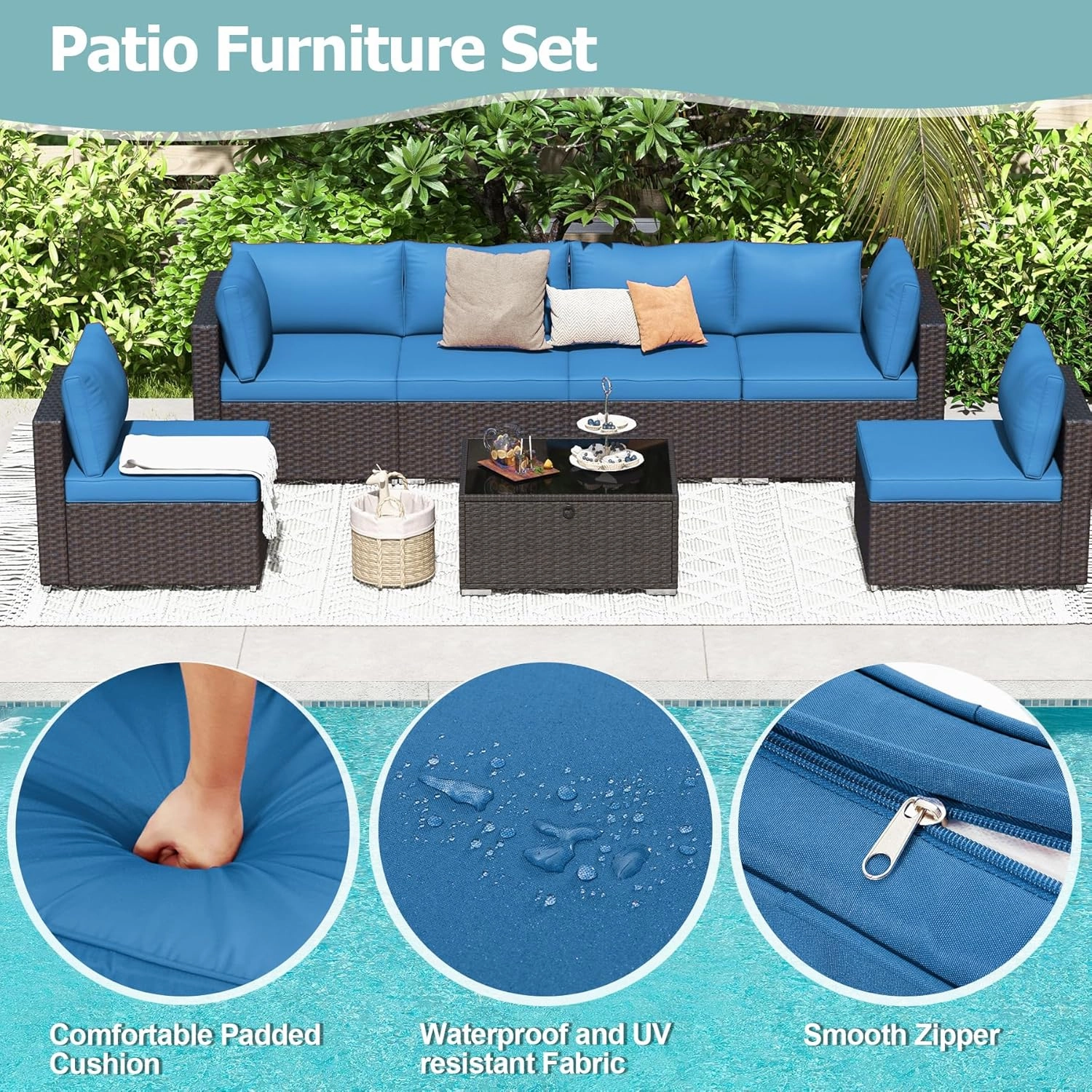 Homrest 7 Piece Outdoor Patio Furniture with Storage Table, Cushions and Pillows, Blue