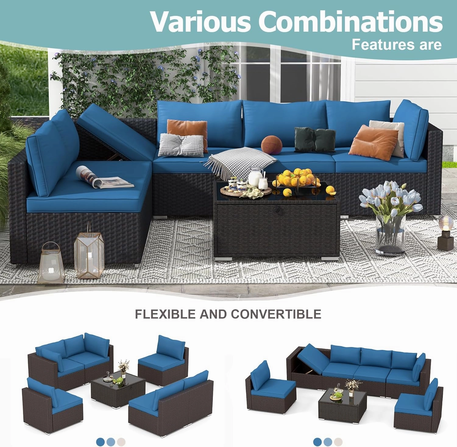 Homrest 7 Piece Outdoor Patio Furniture with Storage Table, Cushions and Pillows, Blue