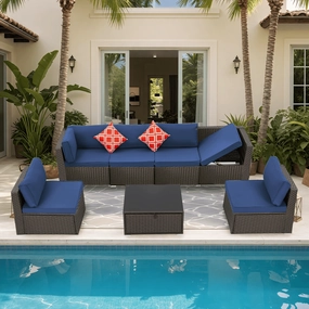 Homrest 7 Piece Outdoor Patio Furniture with Storage Table, Cushions and Pillows, Blueoutdoor patio furniture set