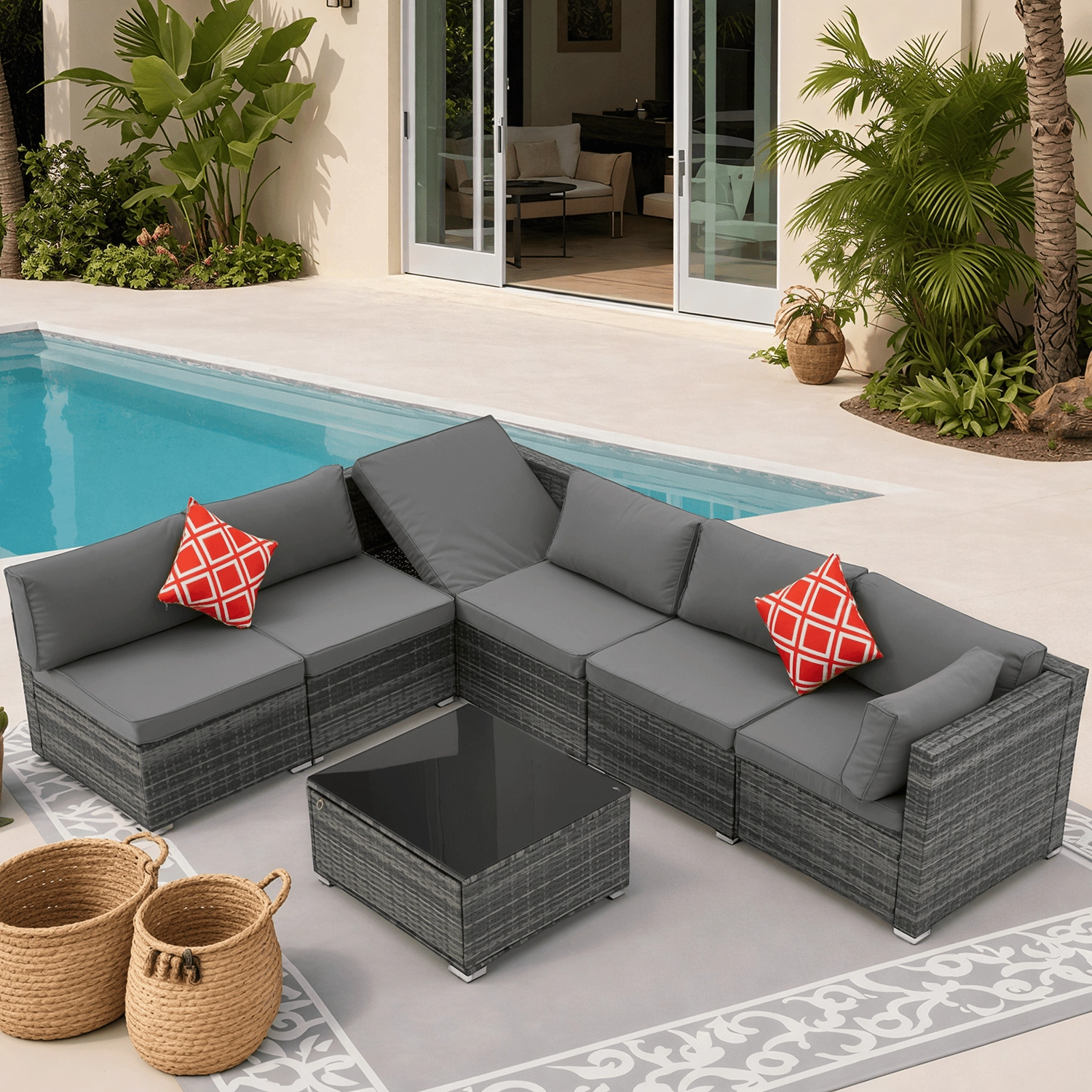 Homrest 7 Piece Outdoor Patio Furniture with Storage Table, Cushions and Pillows, Gray