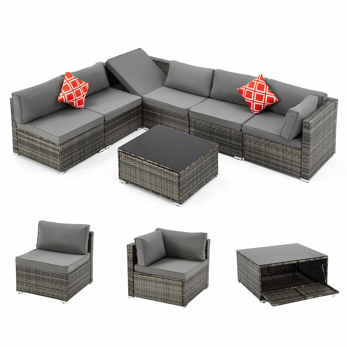 Homrest 7 Piece Outdoor Patio Furniture with Storage Table, Cushions and Pillows, Gray