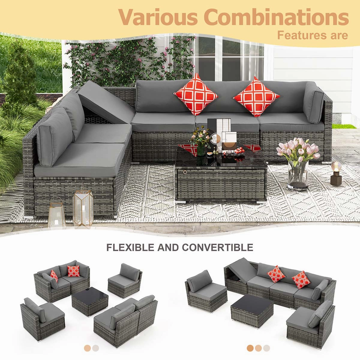 Homrest 7 Piece Outdoor Patio Furniture with Storage Table, Cushions and Pillows, Gray