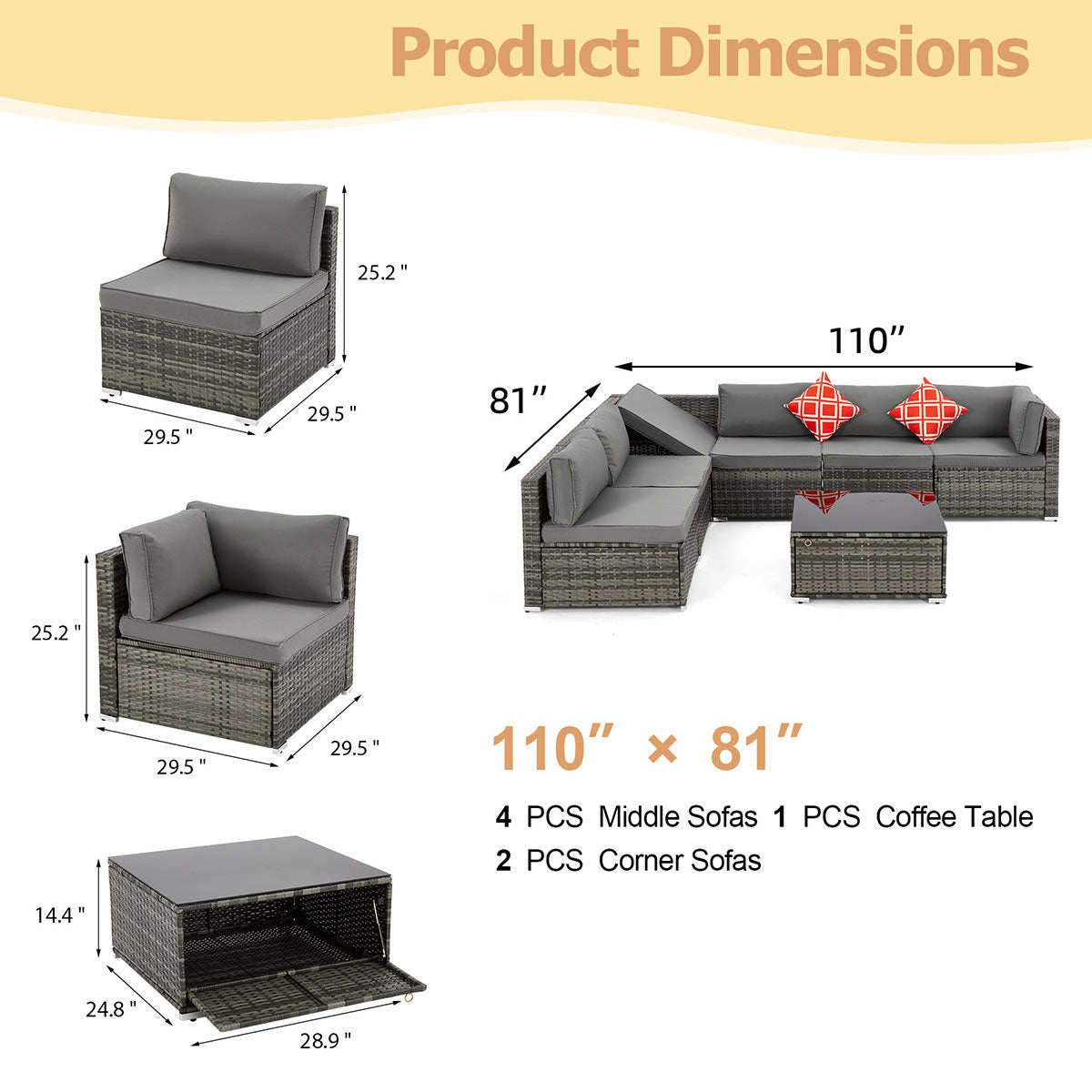 Homrest 7 Piece Outdoor Patio Furniture with Storage Table, Cushions and Pillows, Gray