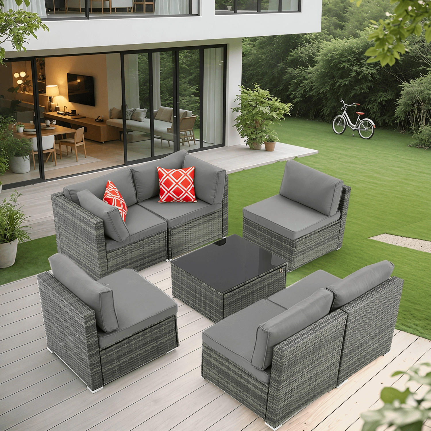 Homrest 7 Piece Outdoor Patio Furniture with Storage Table, Cushions and Pillows, Gray