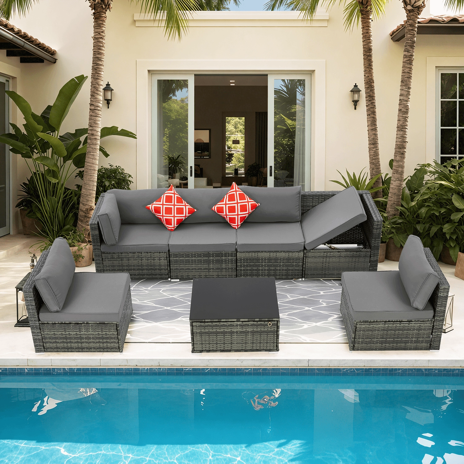 Homrest 7 Piece Outdoor Patio Furniture with Storage Table, Cushions and Pillows, Grayoutdoor patio furniture set