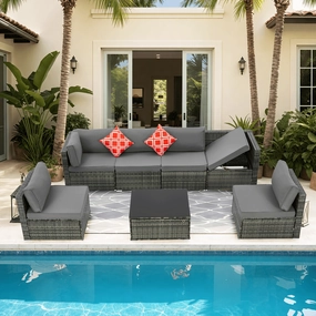 Homrest 7 Piece Outdoor Patio Furniture with Storage Table, Cushions and Pillows, Grayoutdoor patio furniture set