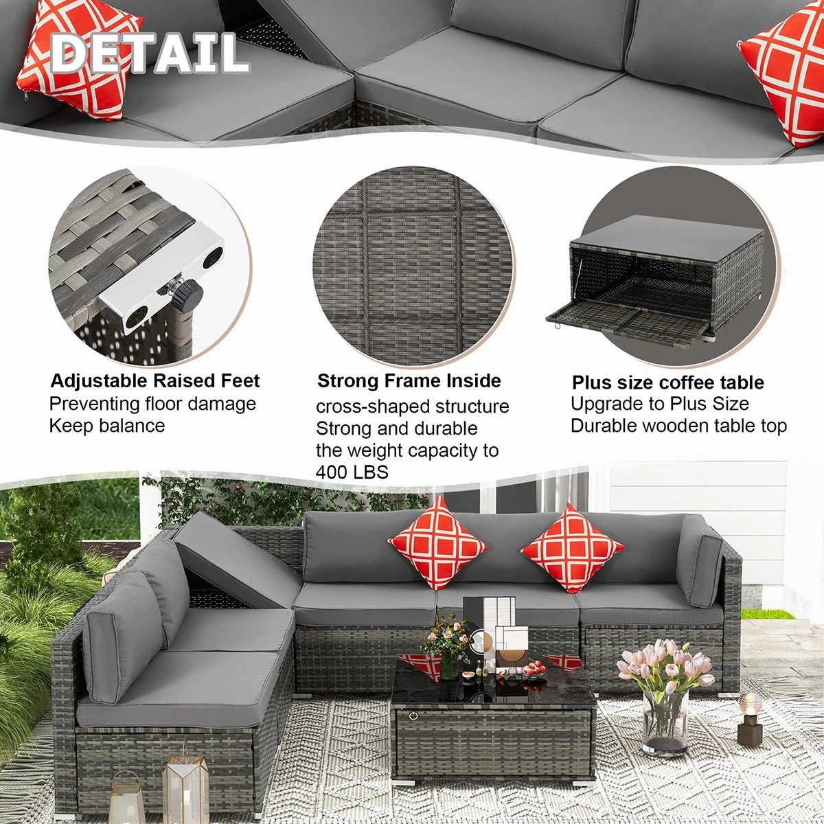 Homrest 7 Piece Outdoor Patio Furniture with Storage Table, Cushions and Pillows, Gray