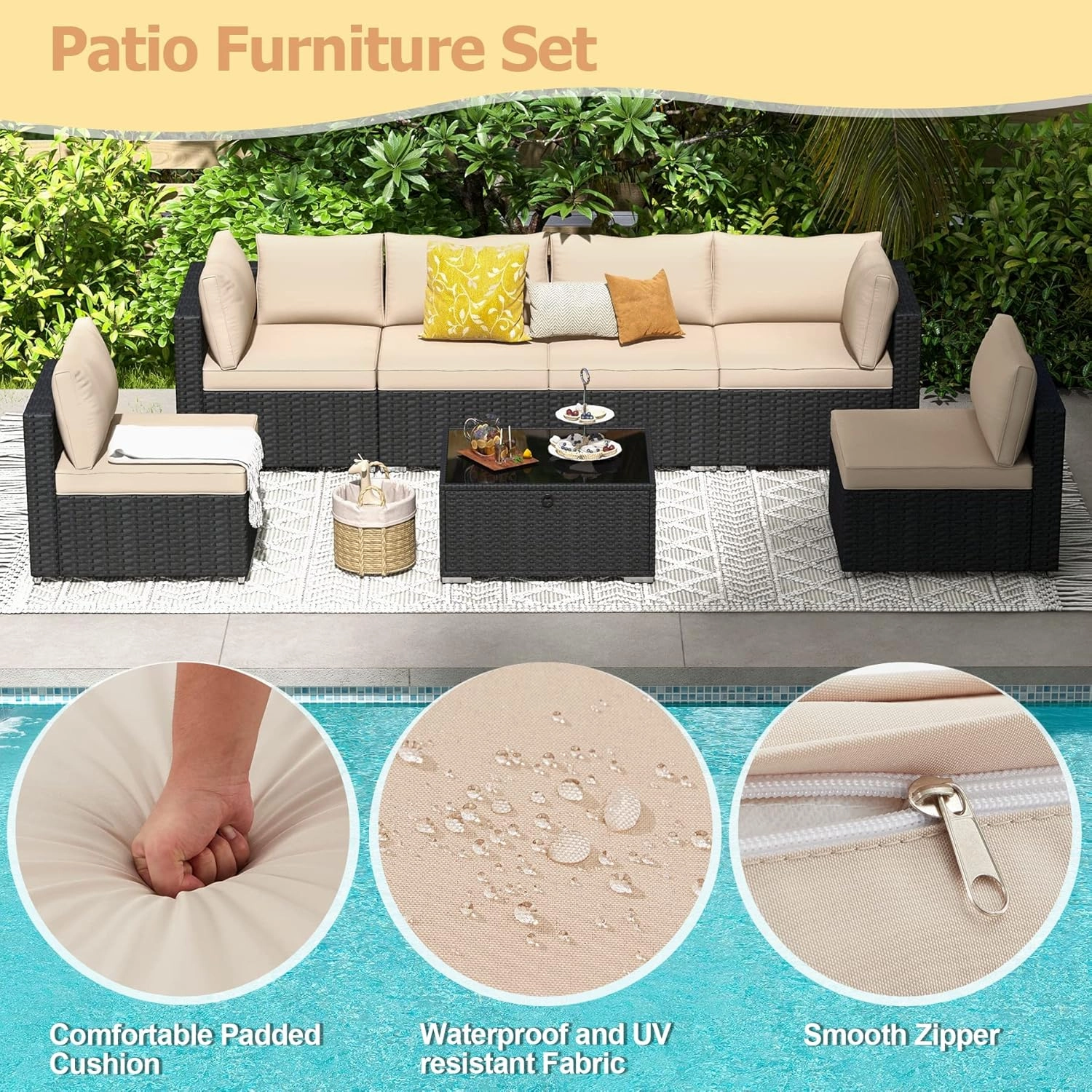Homrest 7 Piece Outdoor Patio Furniture with Storage Table, Cushions and Pillows, Khaki