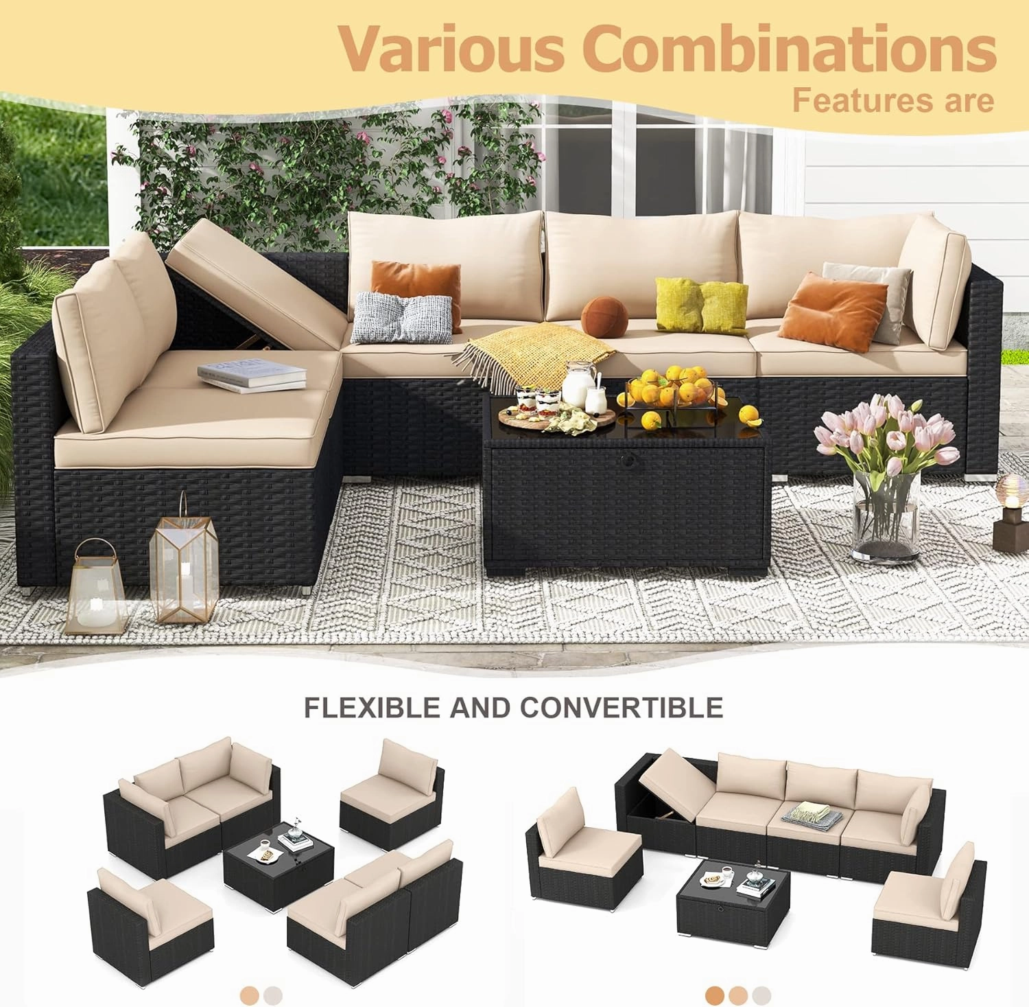 Homrest 7 Piece Outdoor Patio Furniture with Storage Table, Cushions and Pillows, Khaki