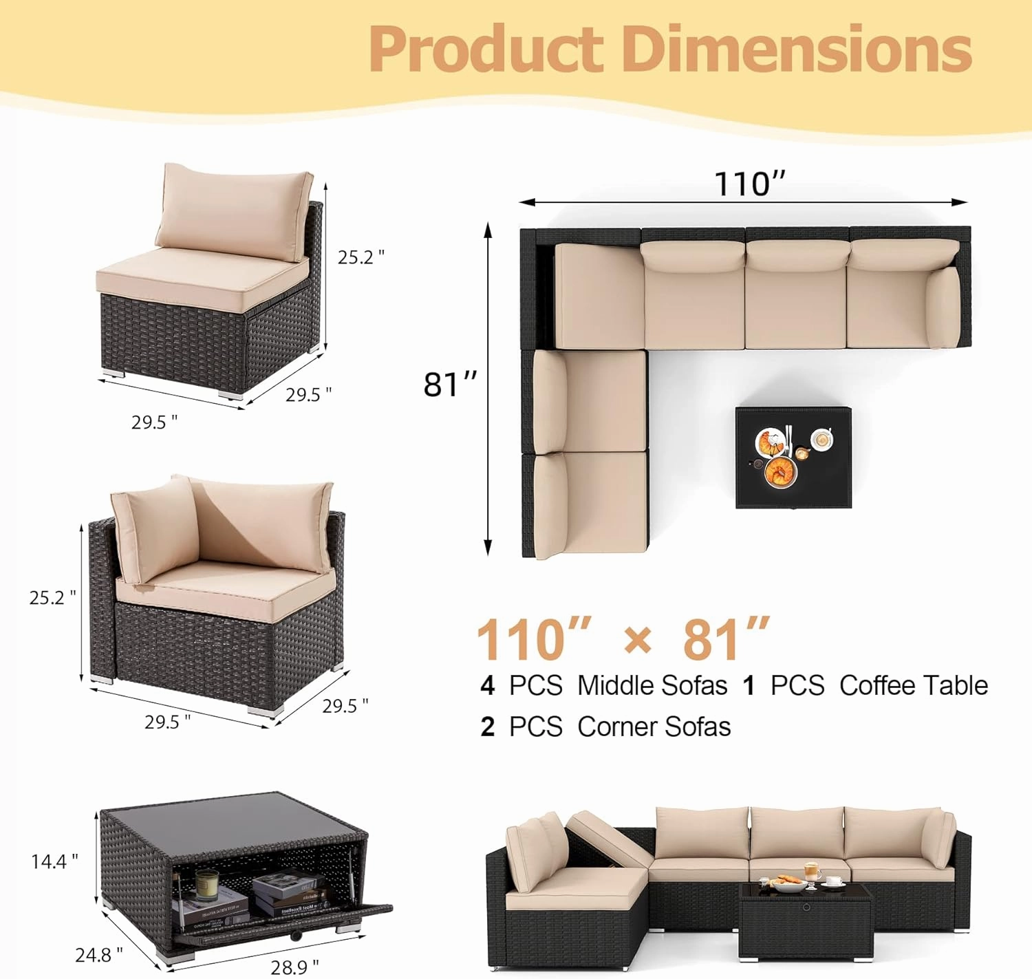 Homrest 7 Piece Outdoor Patio Furniture with Storage Table, Cushions and Pillows, Khaki