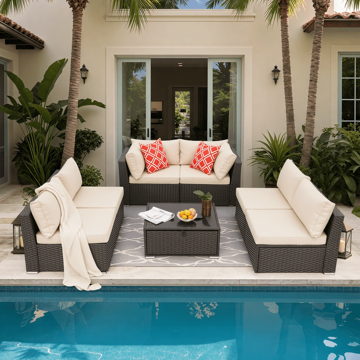 Homrest 7 Piece Outdoor Patio Furniture with Storage Table, Cushions and Pillows, Khaki
