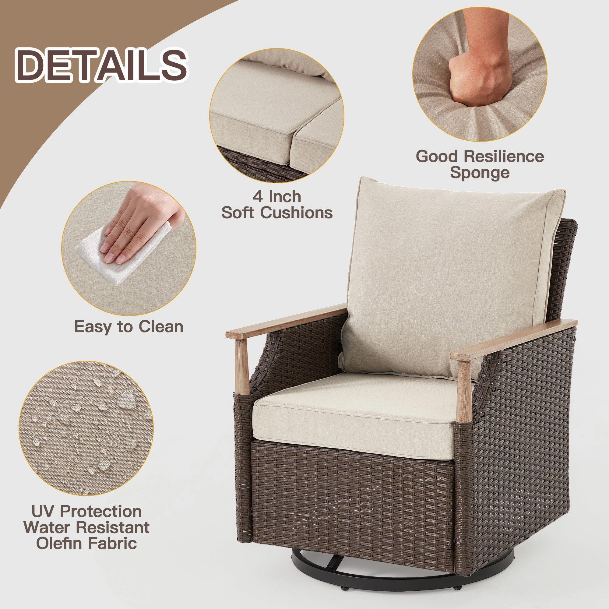 HOMREST 7-Piece Outdoor Wicker Patio Set with Swivel Chairs, Ottoman & Coffee Table, Beige