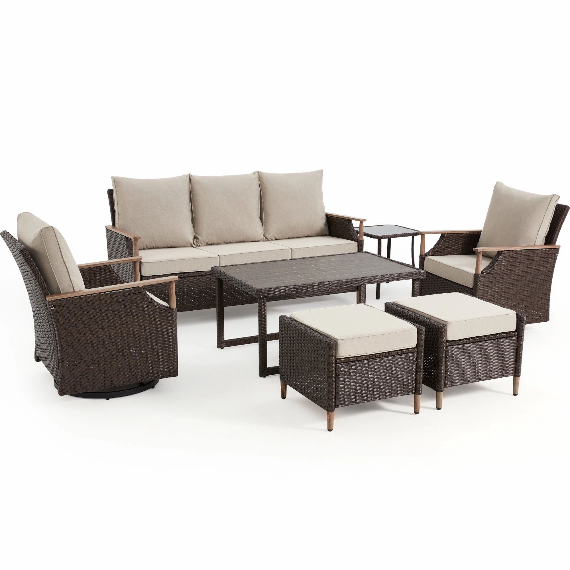 HOMREST 7-Piece Outdoor Wicker Patio Set with Swivel Chairs, Ottoman & Coffee Table, Beige